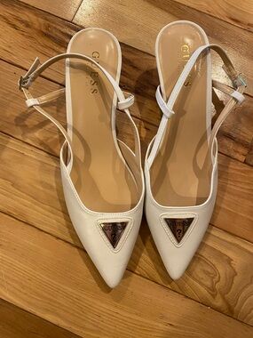 Guess White Pointed Slingback Heels with Gold Logo